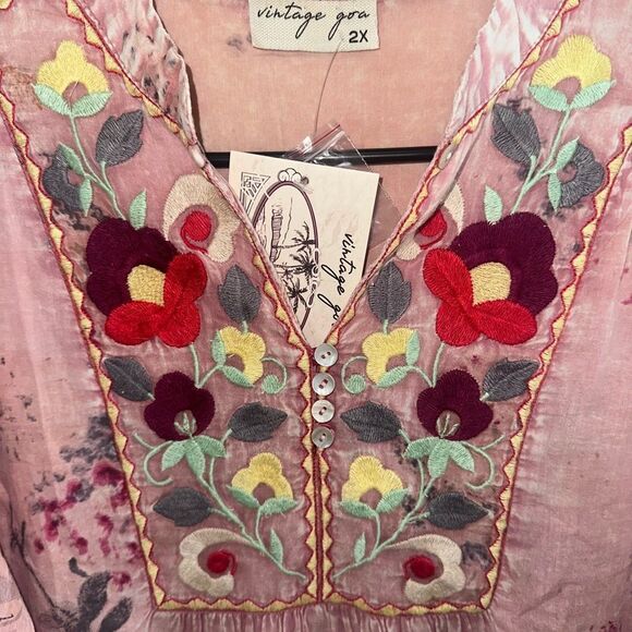 Vintage Goa Embroidered 100% Cotton Flowy Top Sz 2X - Picture 3 of 7
